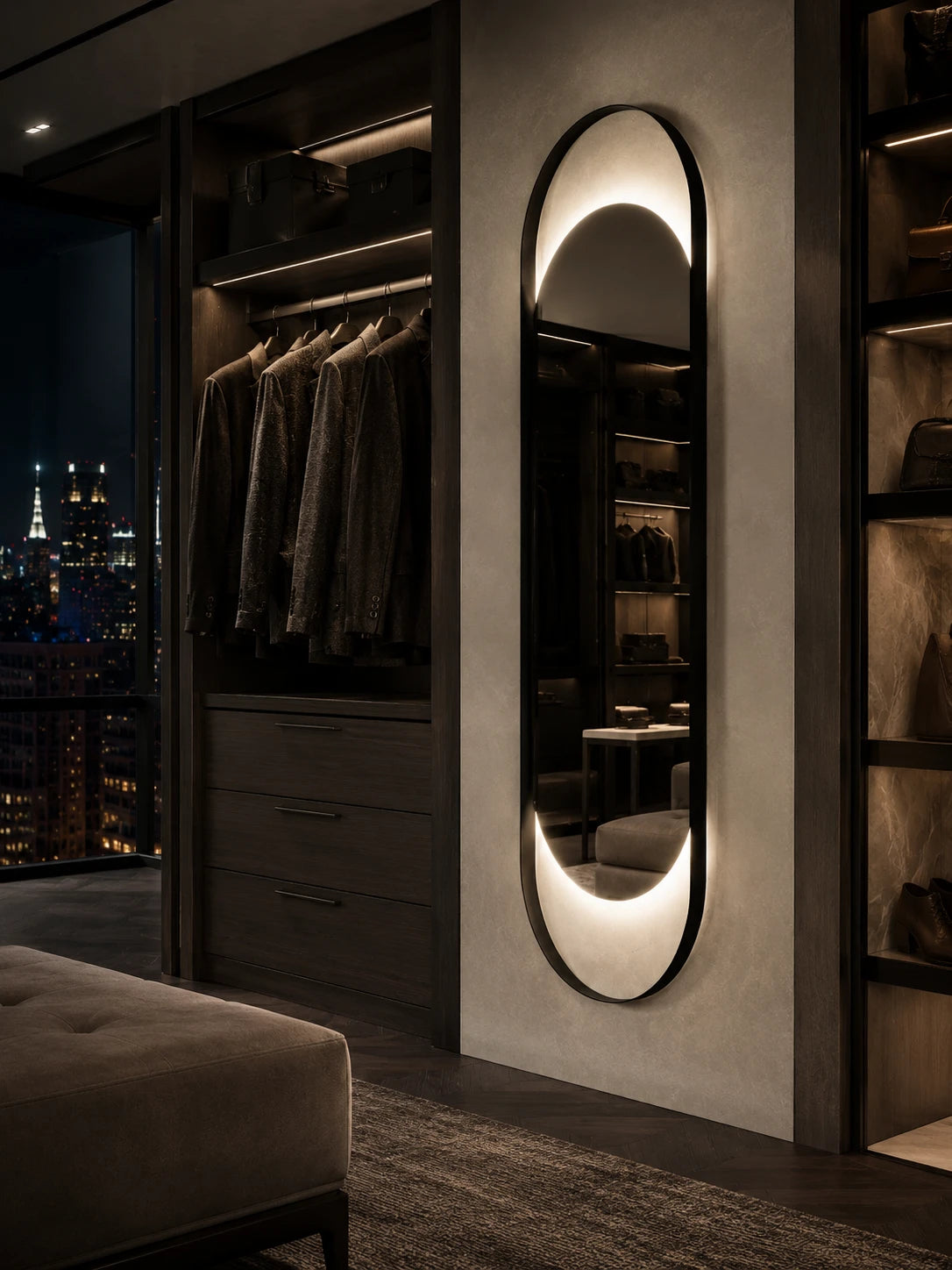 SOLARA mirror in a home-living interior, portrait view, Art Collection. Claris Company.