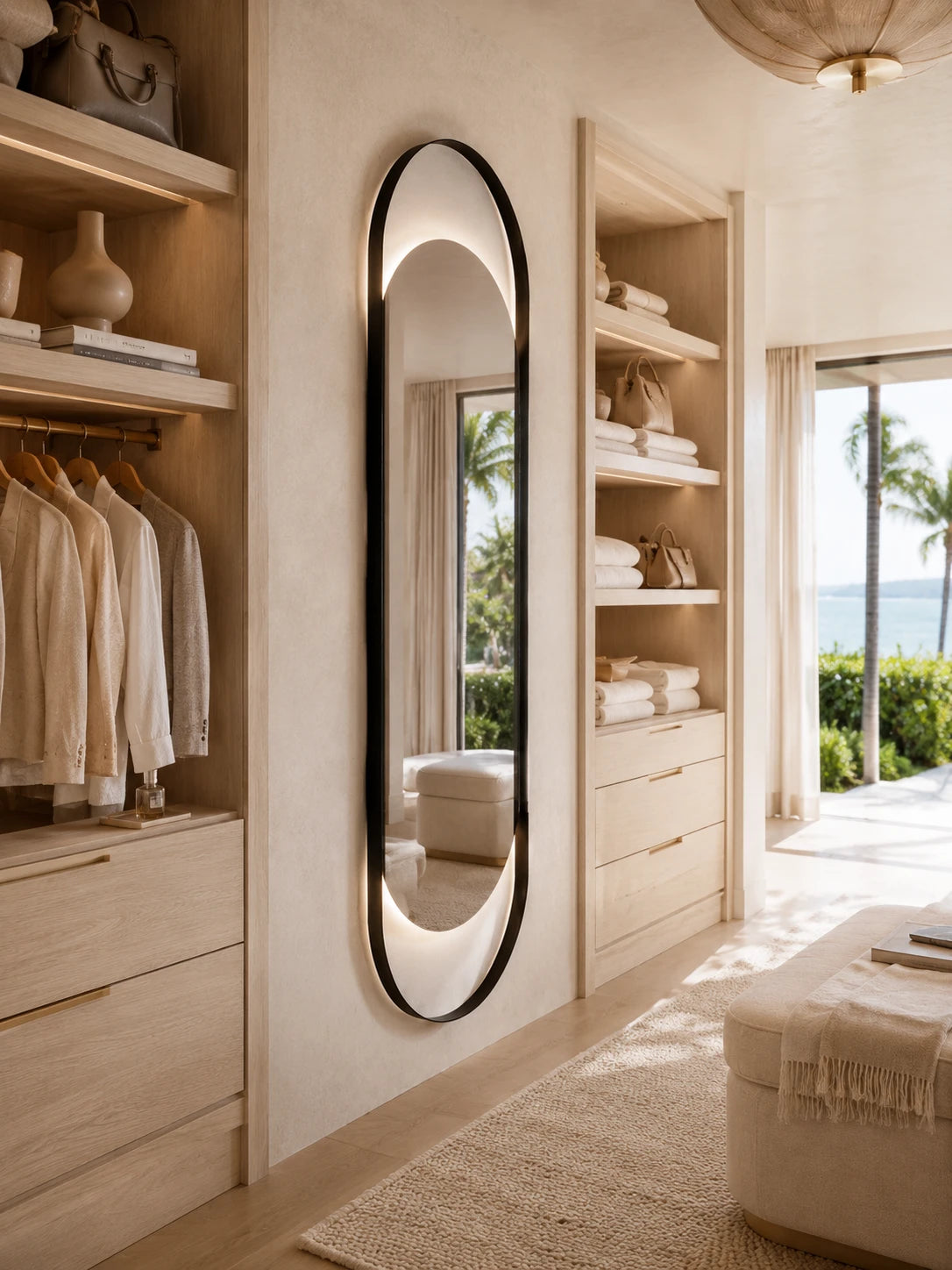 SOLARA mirror in a home-living interior, portrait view, Art Collection. Claris Company.