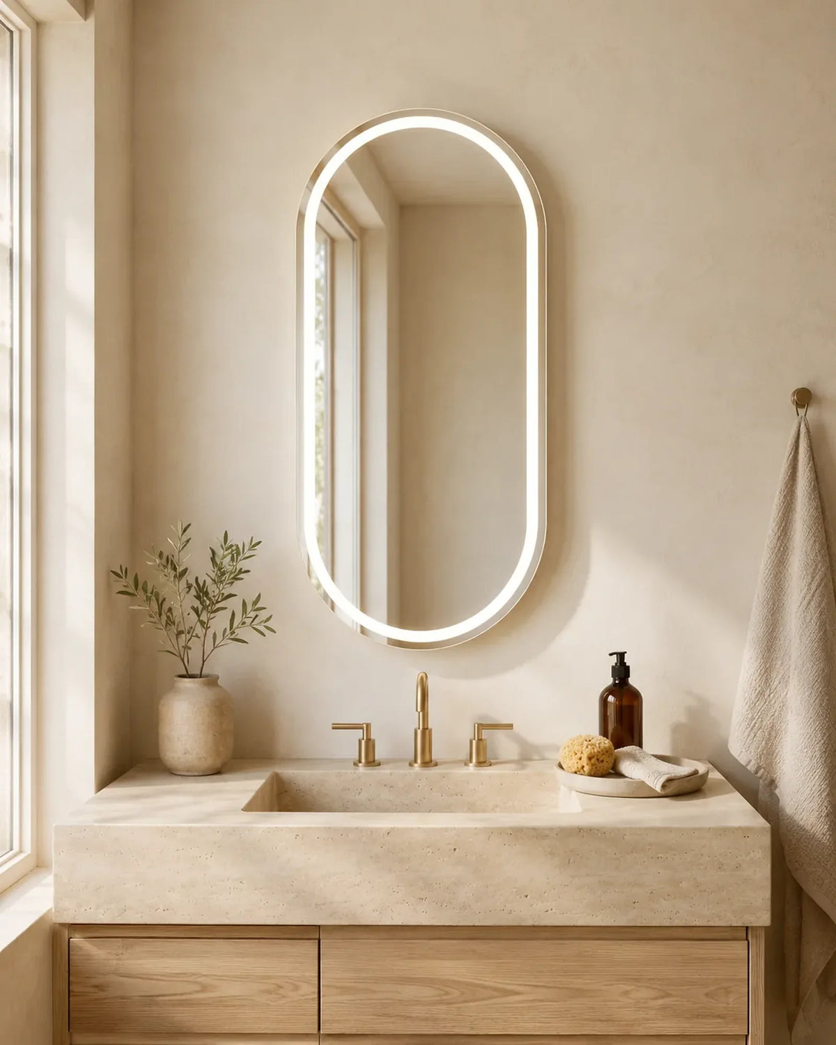 Claris Solenne capsule front-lit LED bathroom mirror above a vanity, Concept Studio
