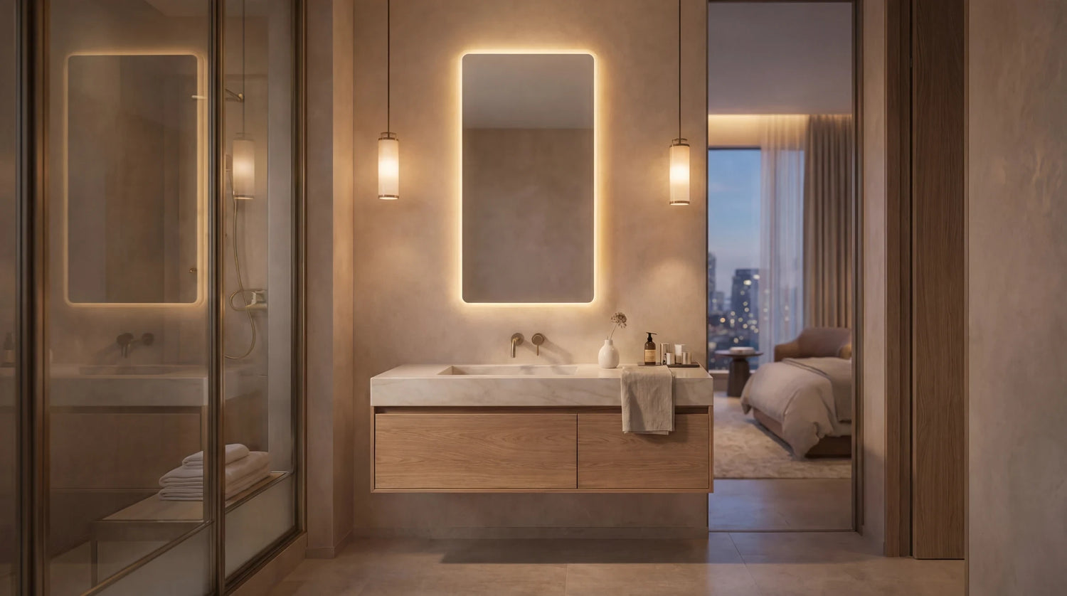 Claris SOUL backlit mirror in an ensuite, wide view