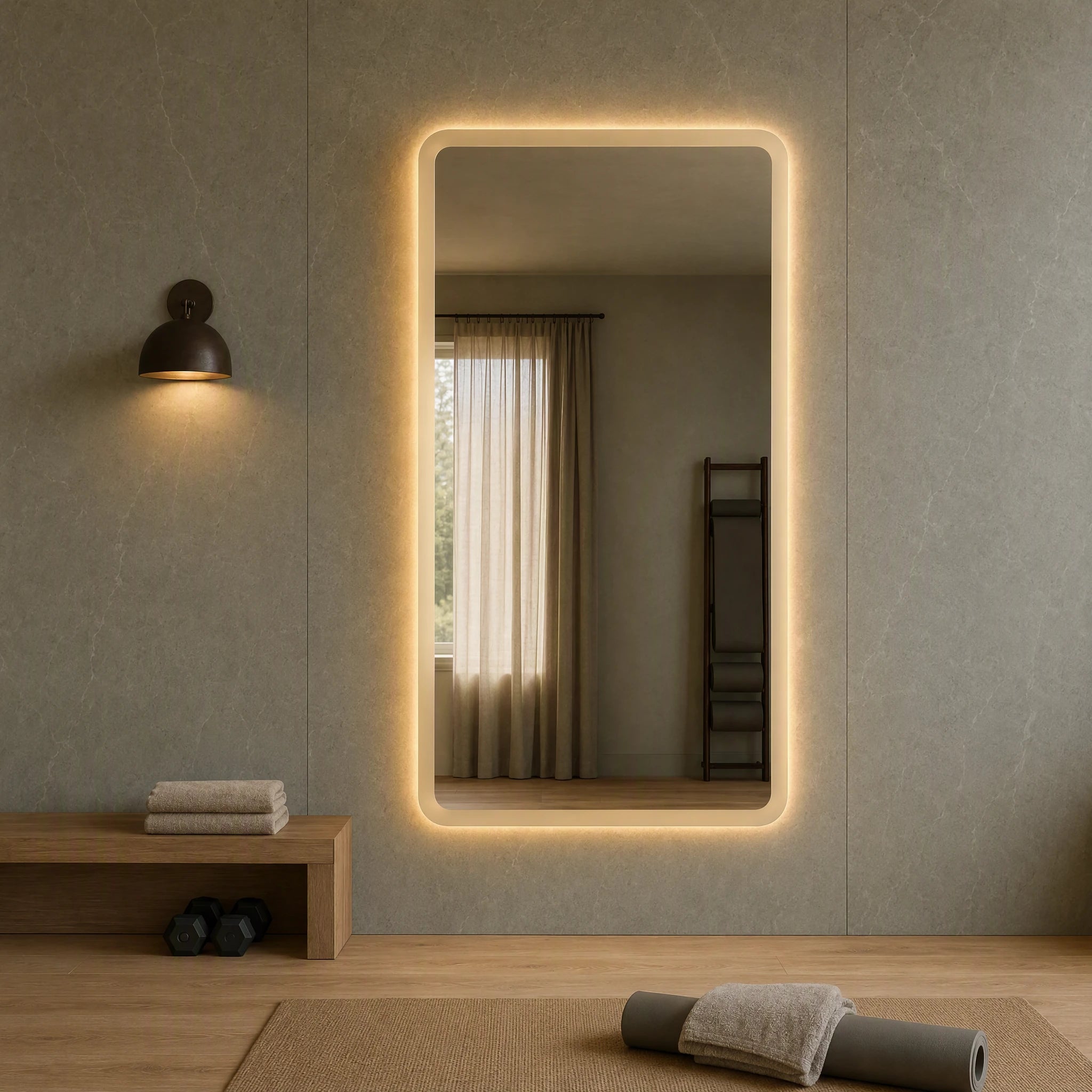 Claris SOUL STUDIO large-format backlit mirror in a home stretch gym, Studio Line