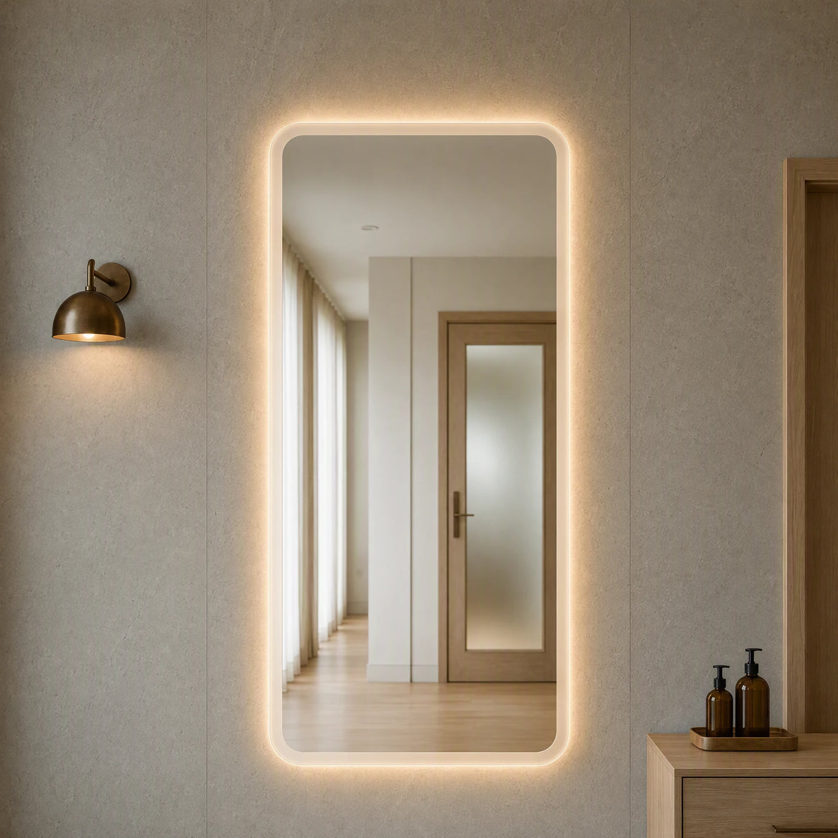 Claris SOUL STUDIO large-format backlit mirror in a med-spa consultation room, Studio Line