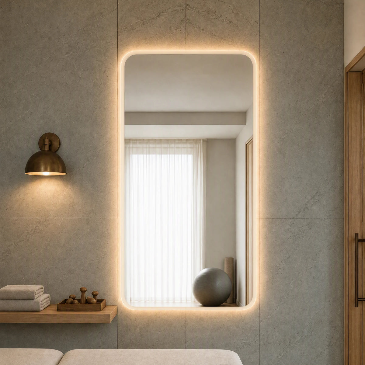 Claris SOUL STUDIO large-format backlit mirror in a physiotherapy rehab room, Studio Line