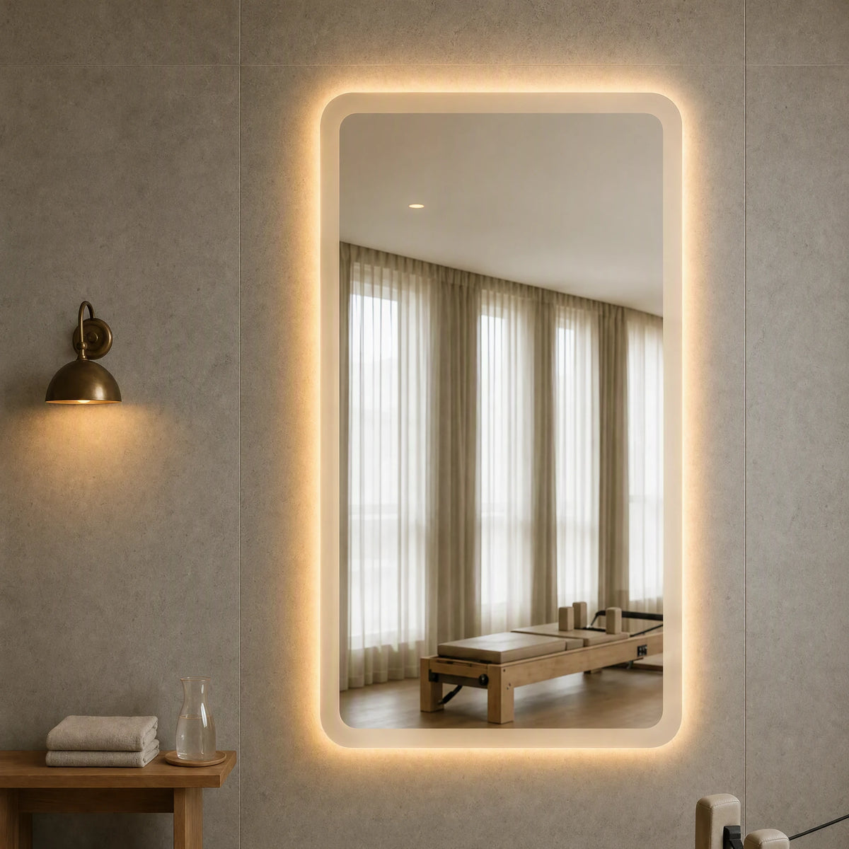 Claris SOUL STUDIO large-format backlit mirror in a boutique pilates studio, Studio Line