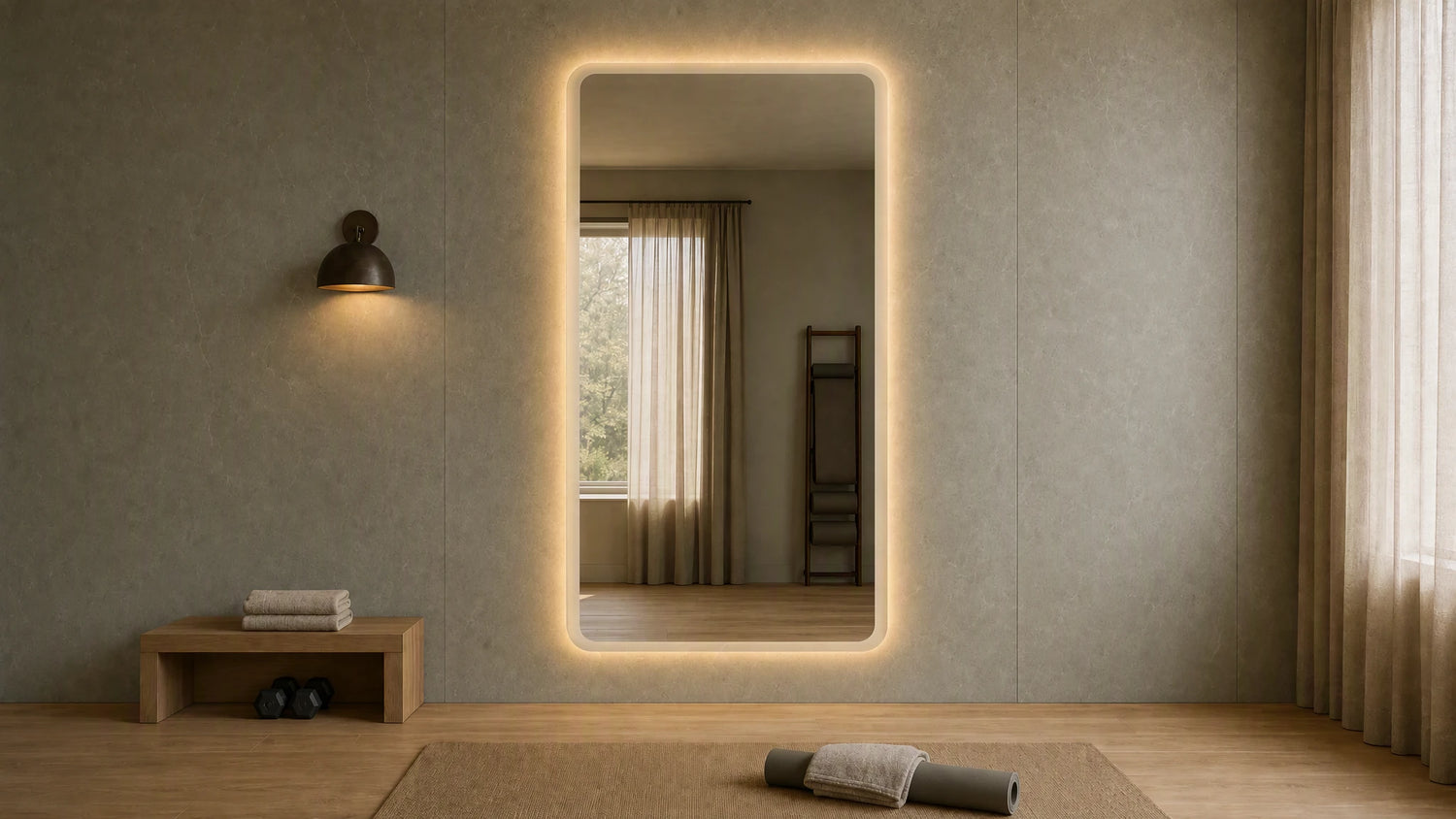 Claris SOUL STUDIO backlit mirror in a wellness studio, wide view, Studio Line