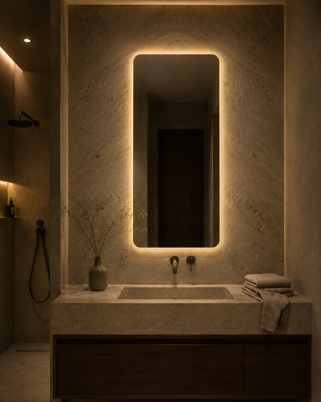 Claris SOUL LED mirror, limestone bath, evening, Radiance Collection