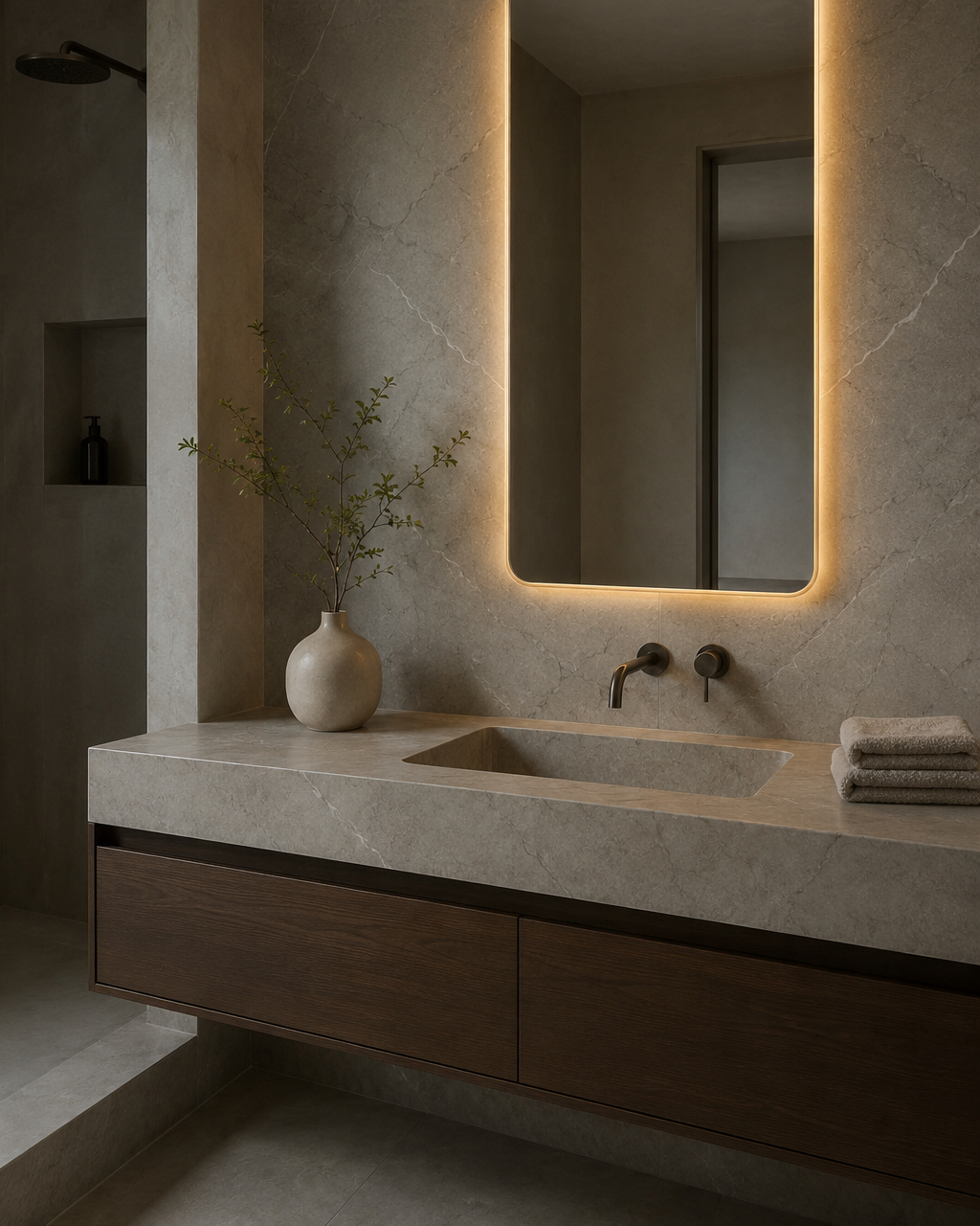 Claris SOUL LED mirror, limestone bath, morning detail, Radiance Collection