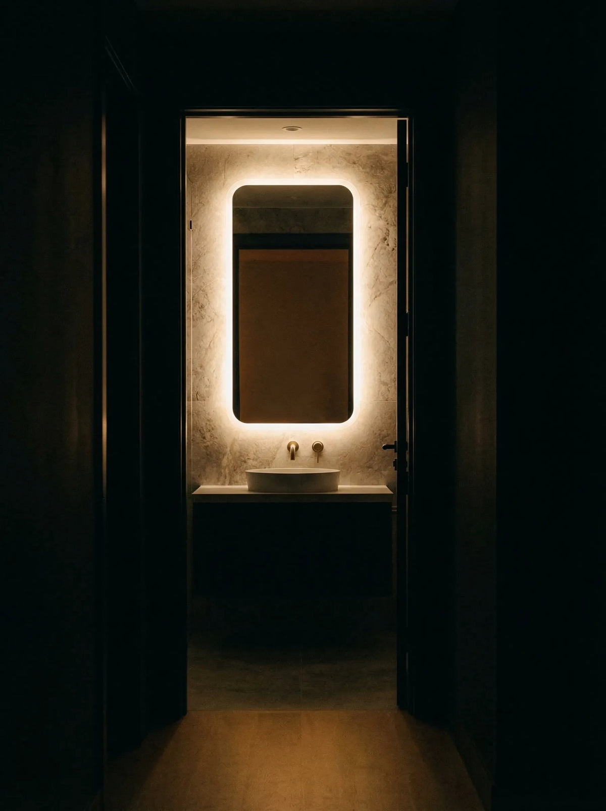 SOUL mirror in a bathroom, portrait view, Radiance Collection. Claris Company.