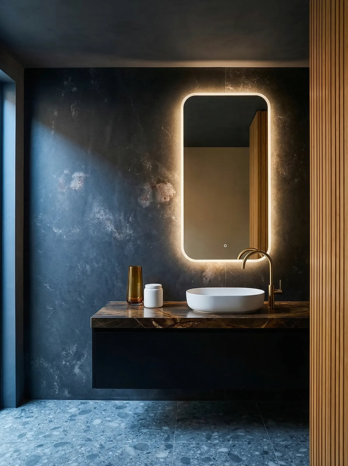 SOUL mirror in a bathroom, portrait view, Radiance Collection. Claris Company.