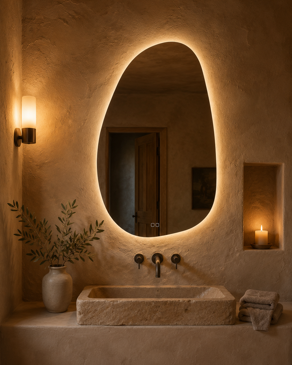 Claris STONE LED mirror, lime plaster bath, evening, Terra Collection