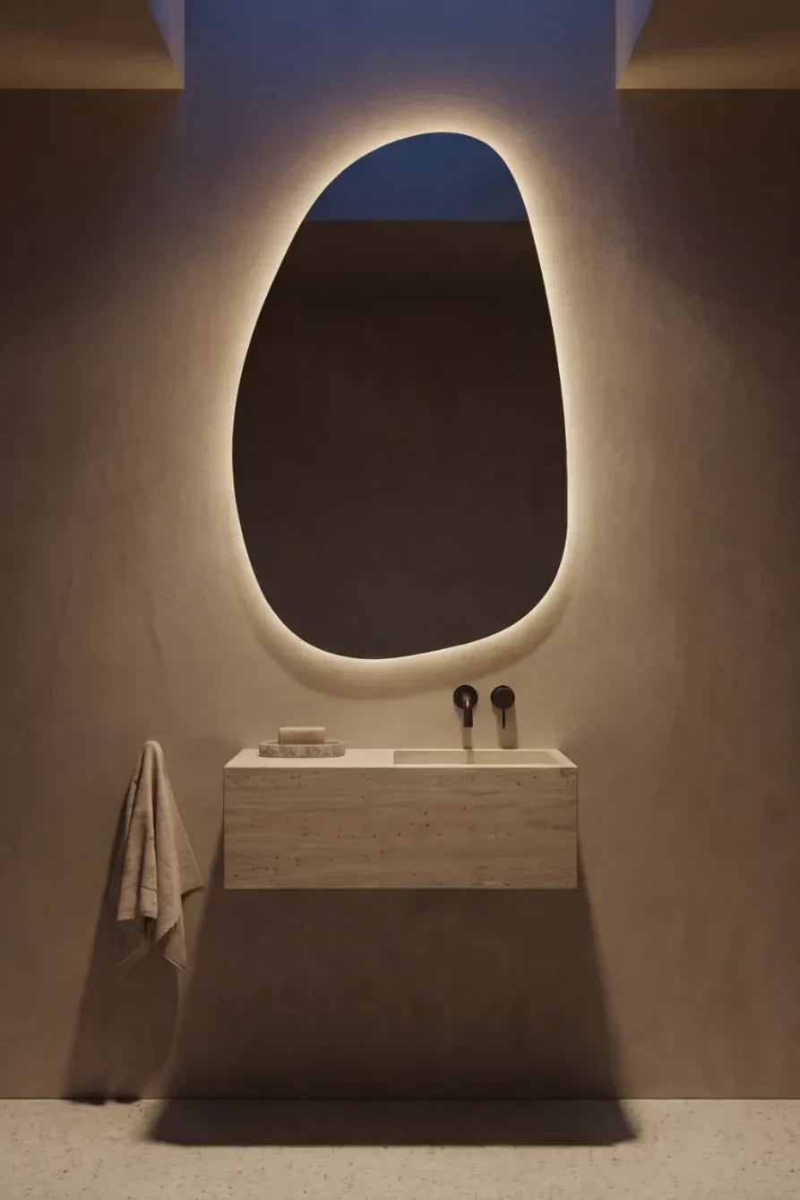 STONE mirror in a bathroom, portrait view, Terra Collection. Claris Company.