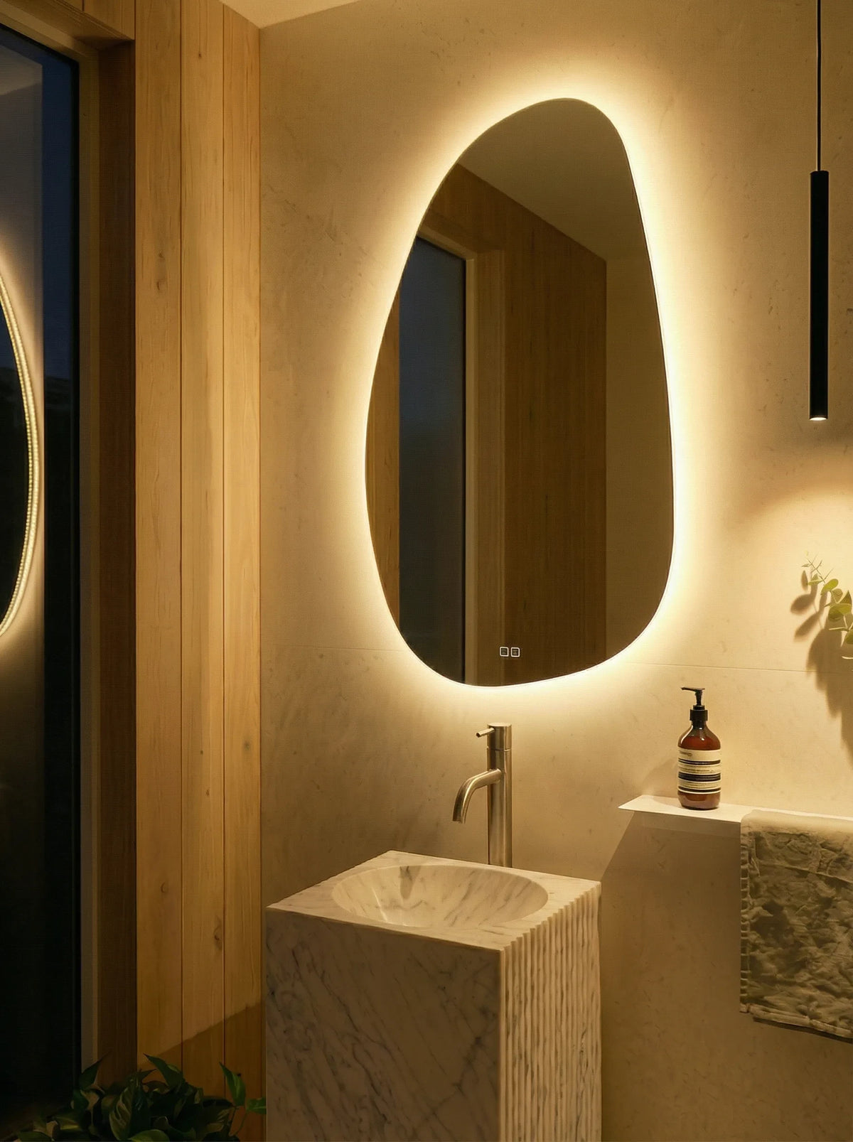 STONE mirror in a bathroom, portrait view, Terra Collection. Claris Company.