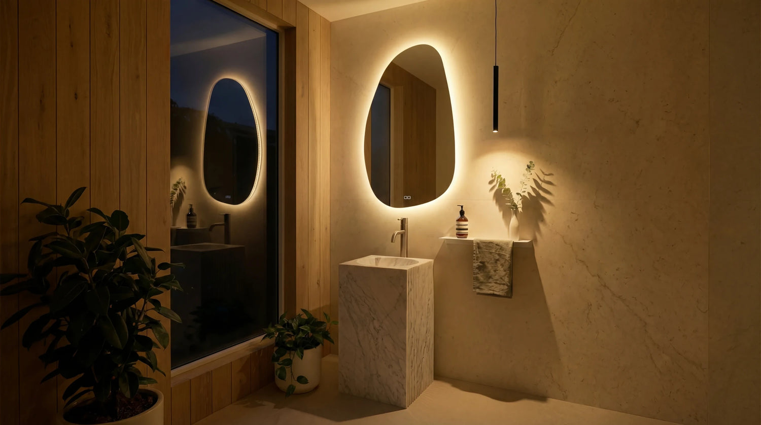 Claris STONE backlit mirror in a powder room, wide view