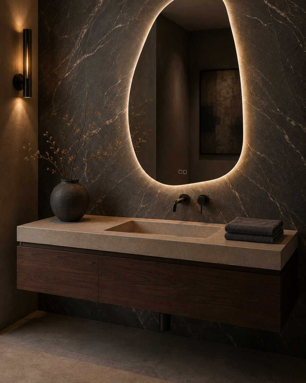 Claris STONE LED mirror, bathroom scene, Terra Collection