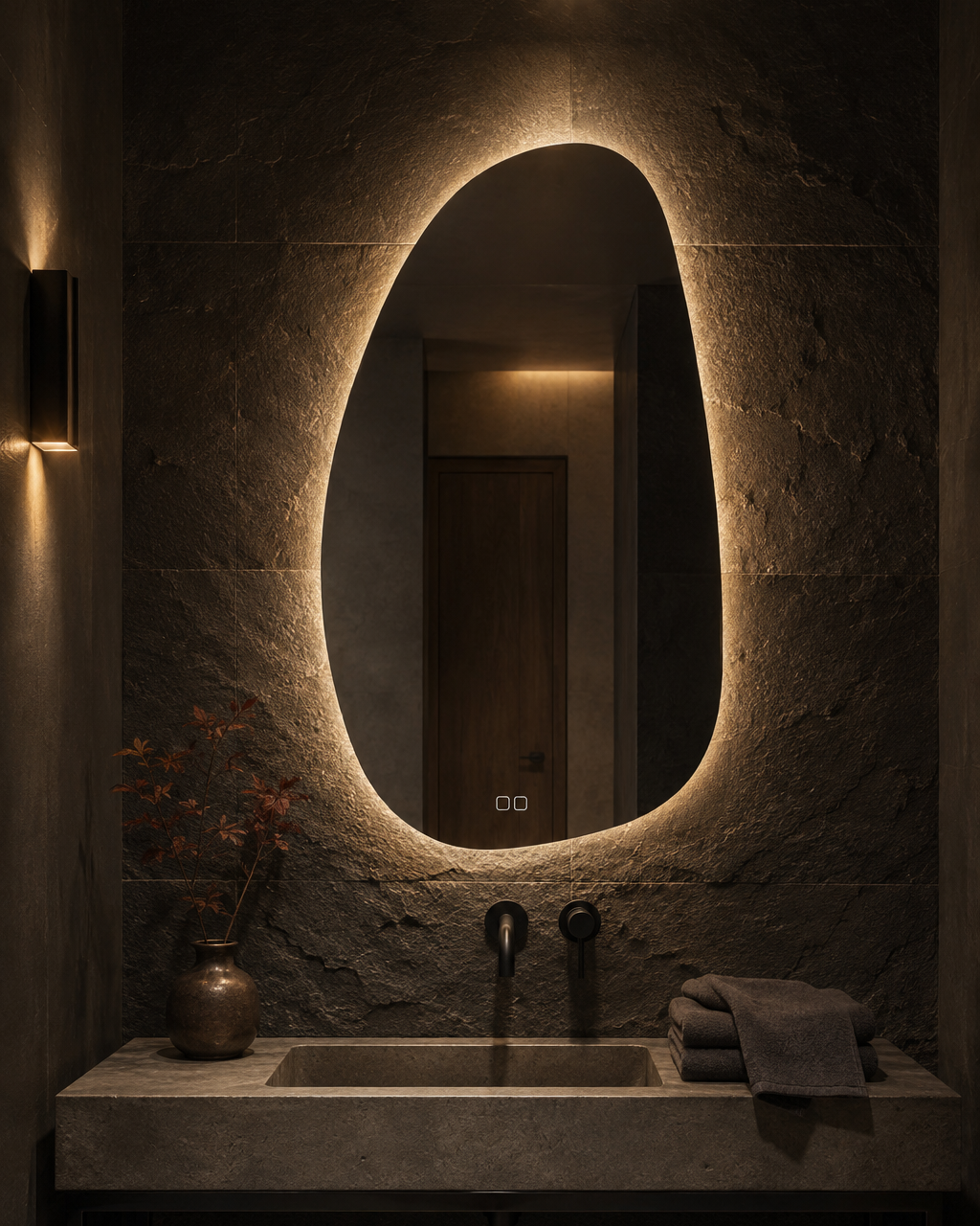 Claris STONE LED mirror, slate bath, evening, Terra Collection