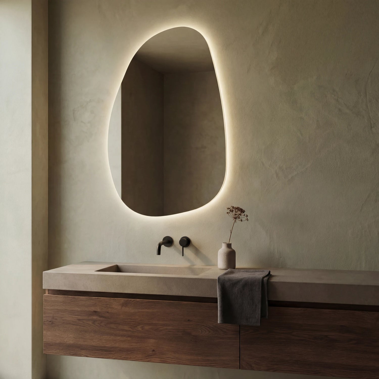 Claris STONE asymmetric backlit LED bathroom mirror with raw rock silhouette, Terra Collection