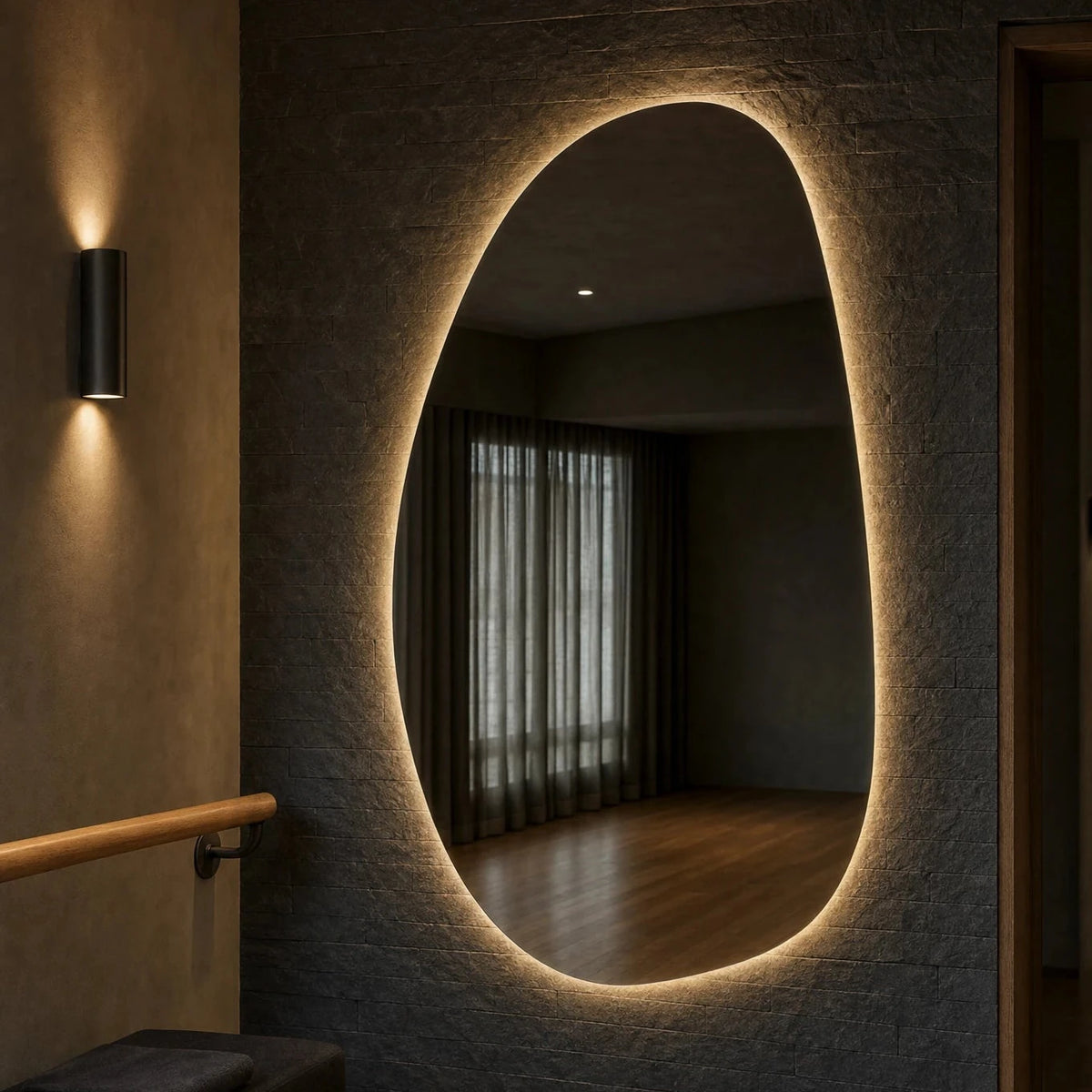 Claris STONE STUDIO large-format asymmetric backlit mirror in a dance and movement studio, Studio Line