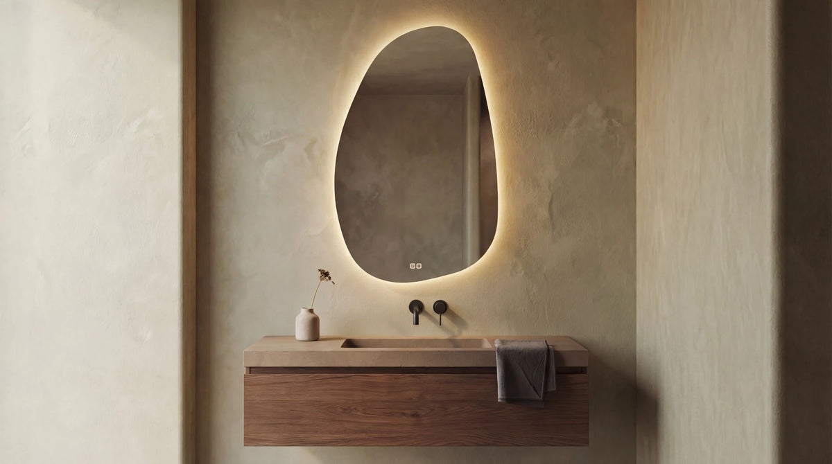 Claris STONE backlit mirror on a plaster wall, wide view