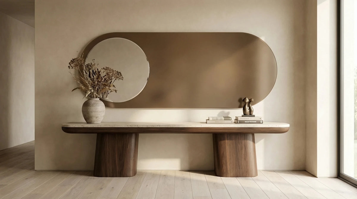 Claris TWINS mirror above a console table, Gemini Collection, wide view