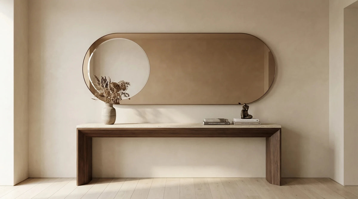 Claris TWINS mirror above a console, Gemini Collection, wide view