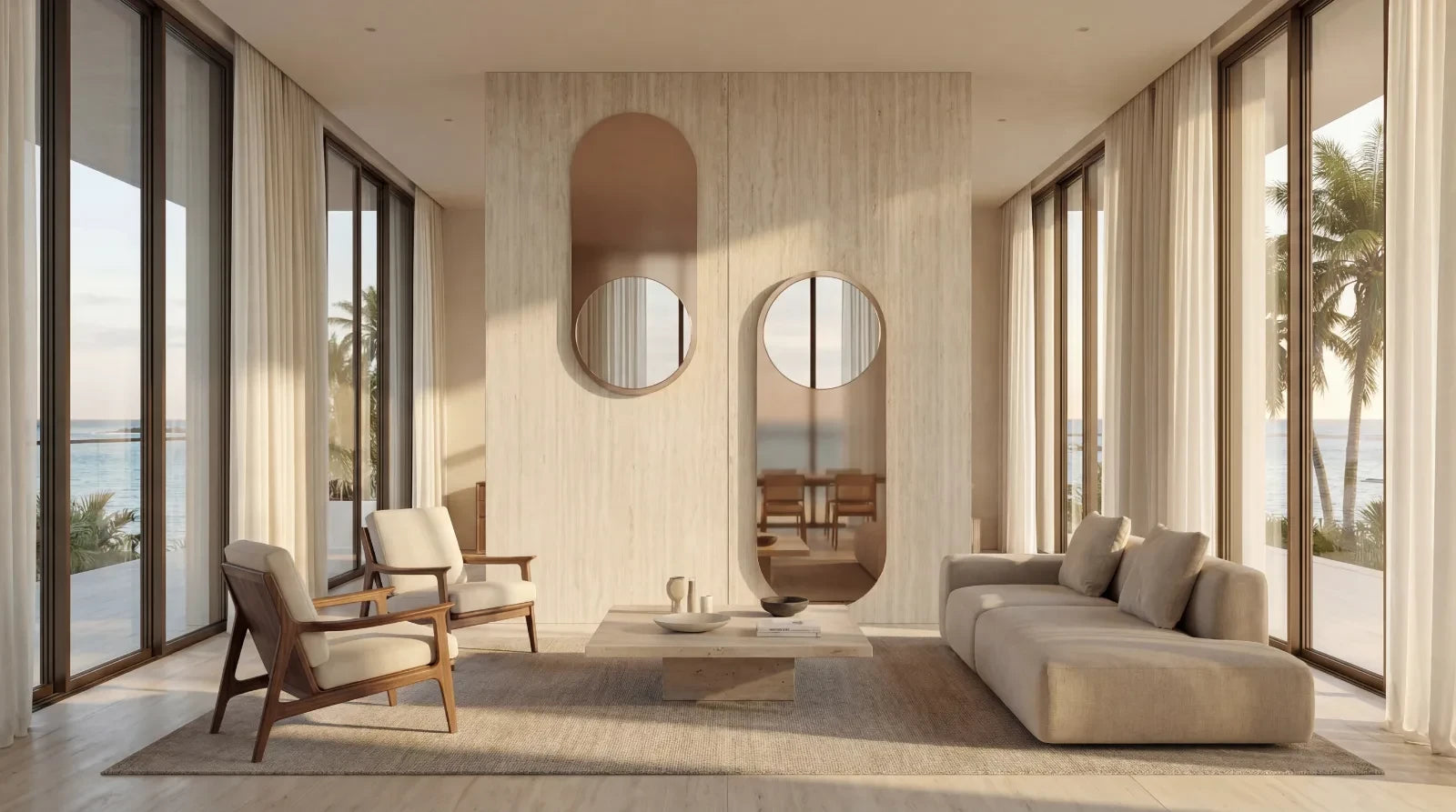 TWINS mirror in a home-living interior, hero view, Gemini Collection. Claris Company.