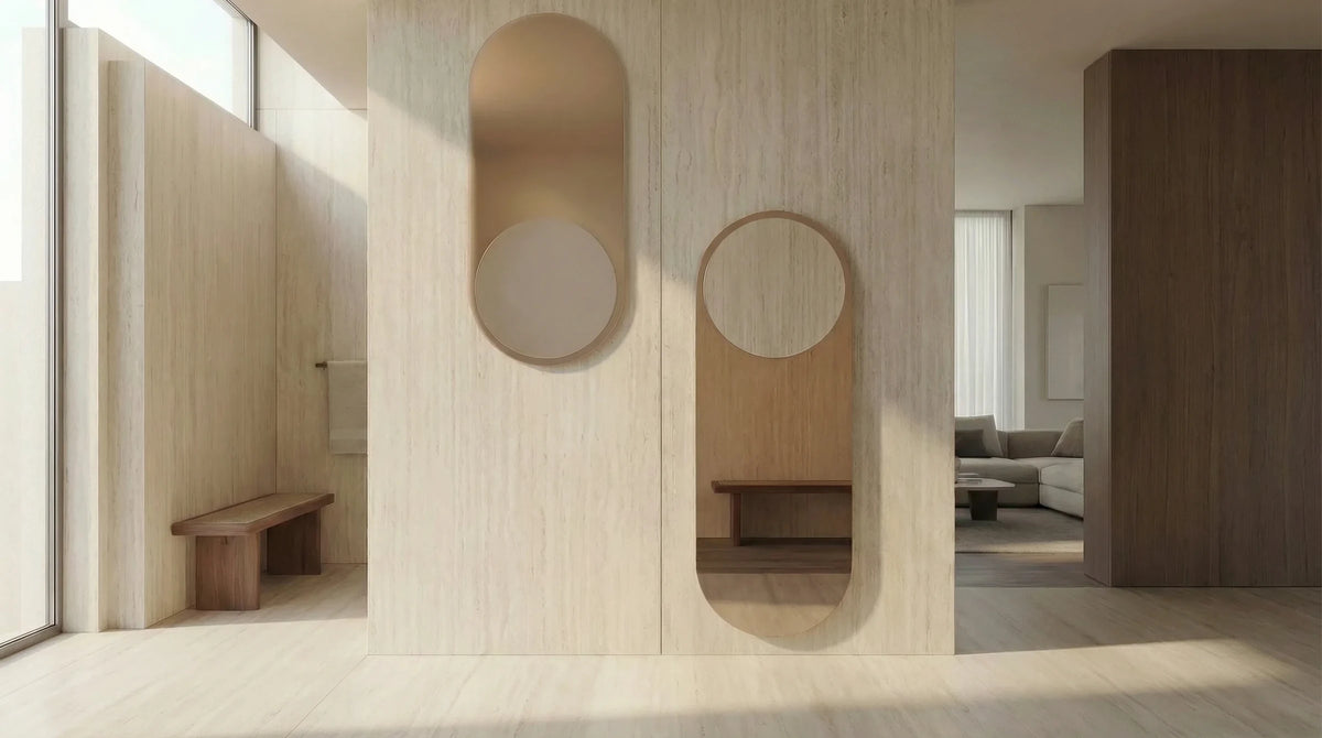 Claris TWINS mirrors paired on a travertine wall, Gemini Collection, wide view