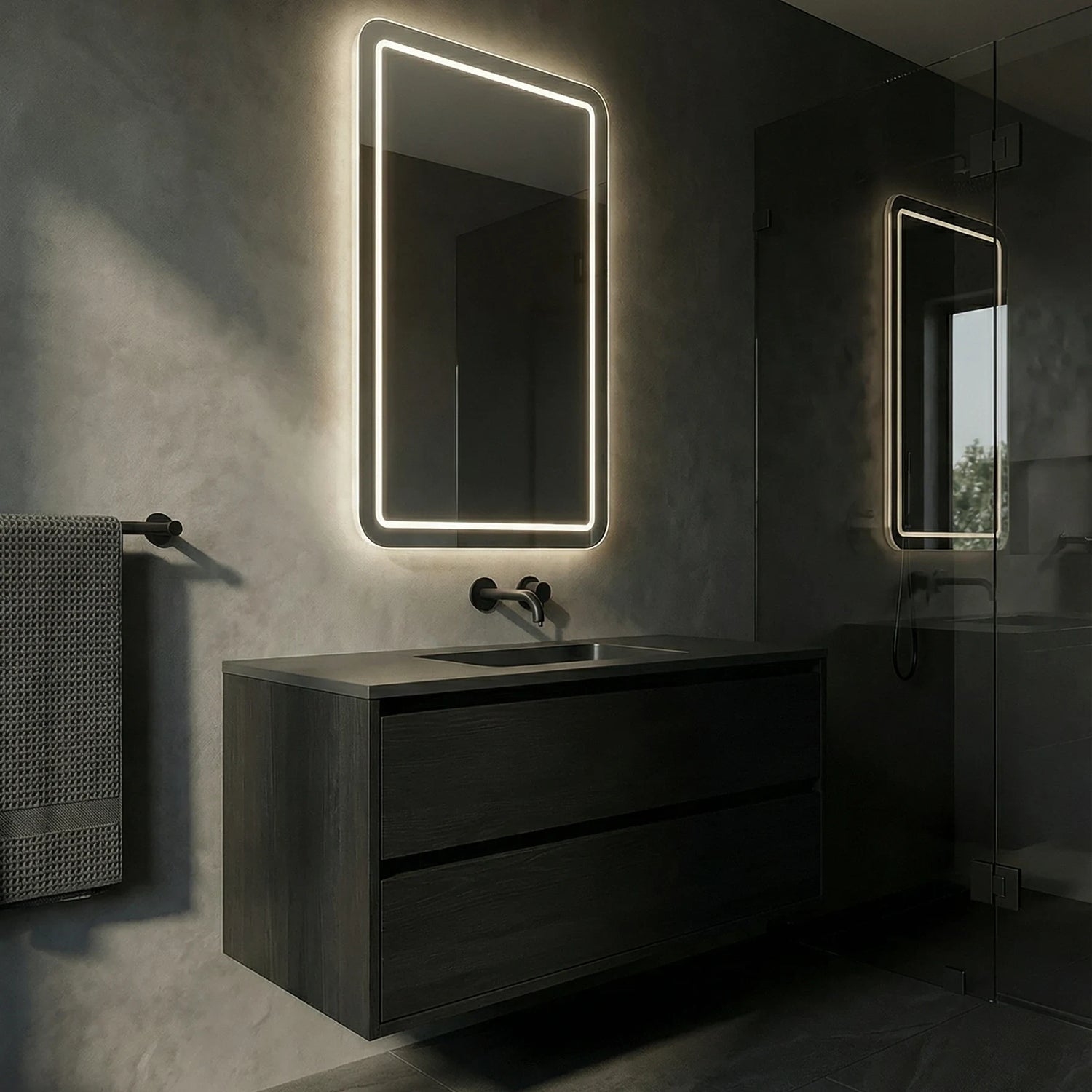 Claris VITA 26 by 44 inch backlit LED mirror in a home-living interior, Radiance Collection