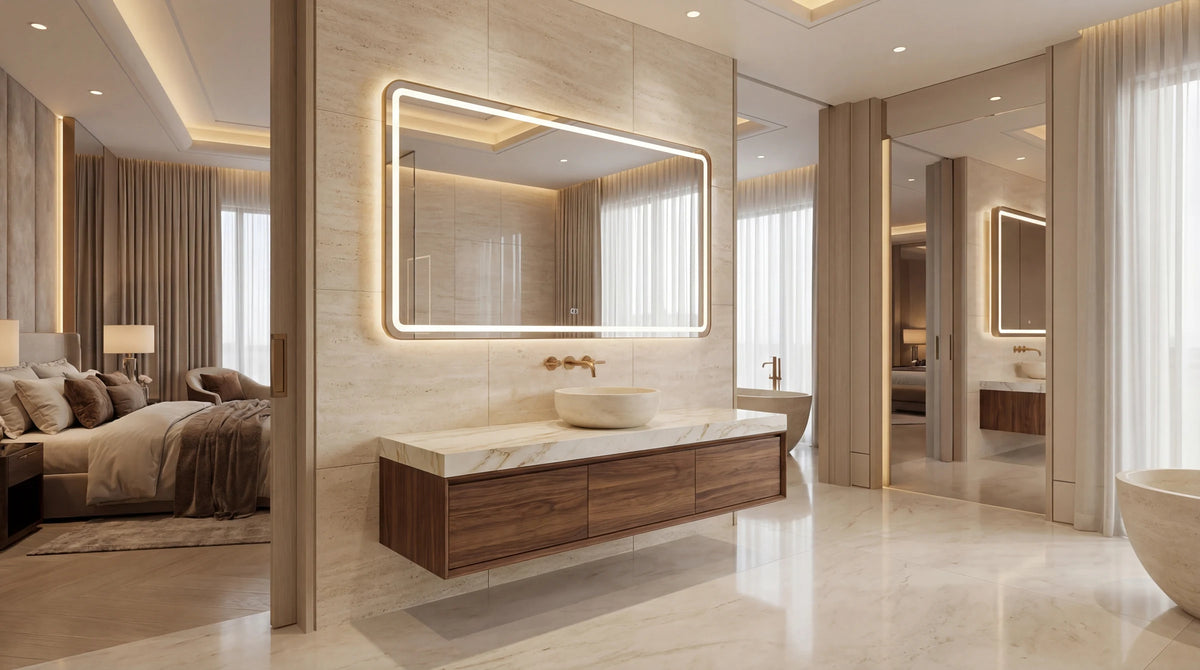 VITA vertical mirror with LED frame, hospitality bath. Claris Company.