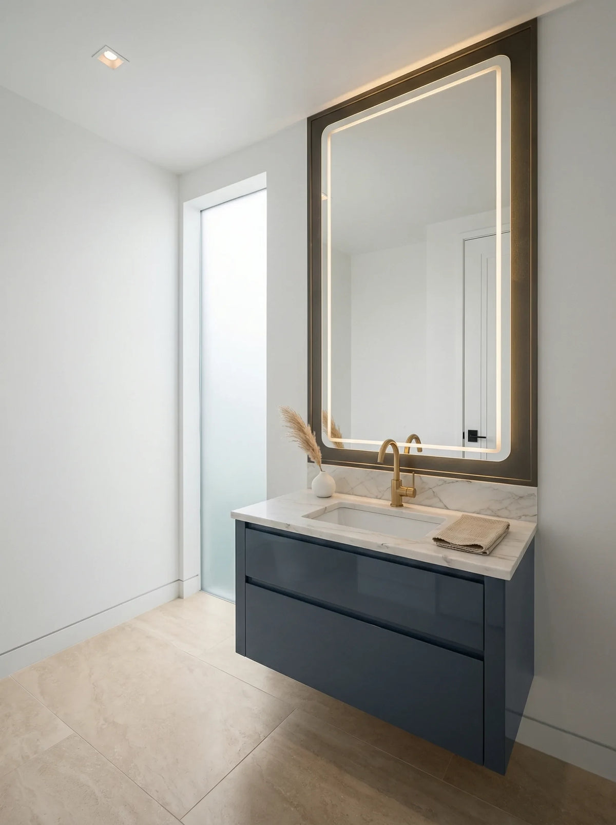 VITA vertical mirror with LED frame, residential bath portrait. Claris Company.