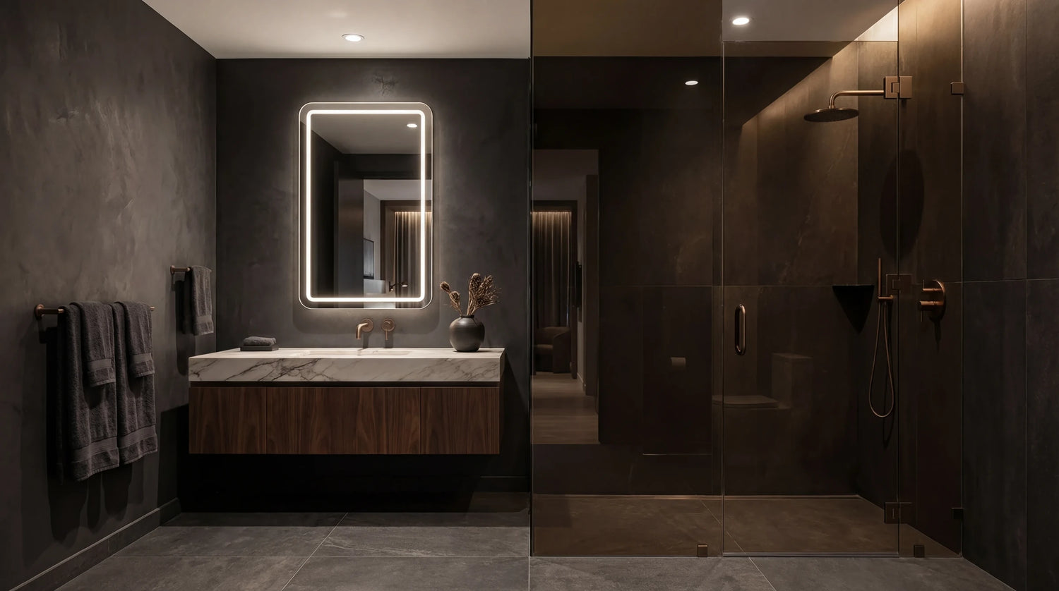 Claris VITA backlit mirror above a dark vanity, wide view