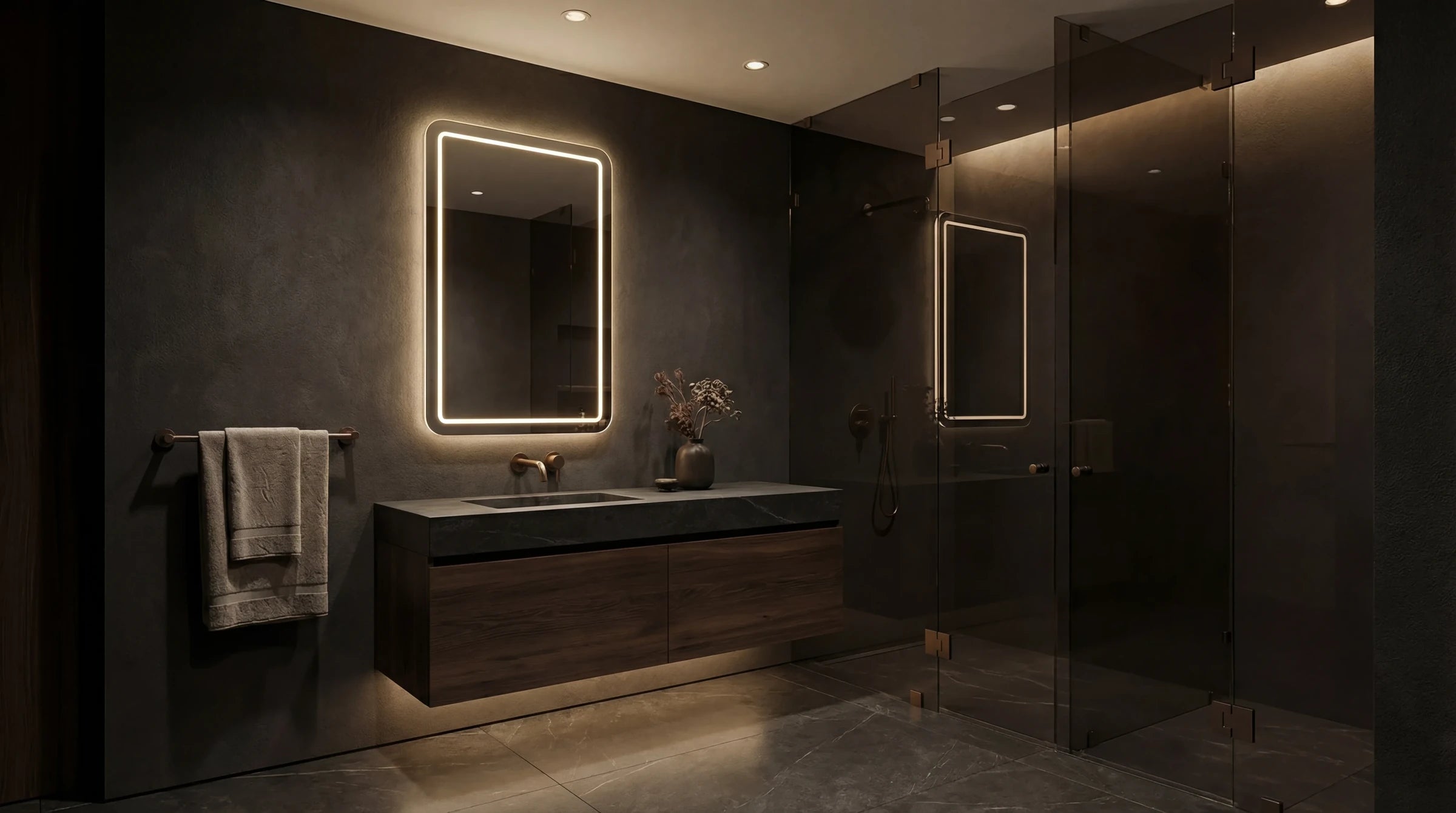 Claris VITA backlit mirror above a double vanity, wide view