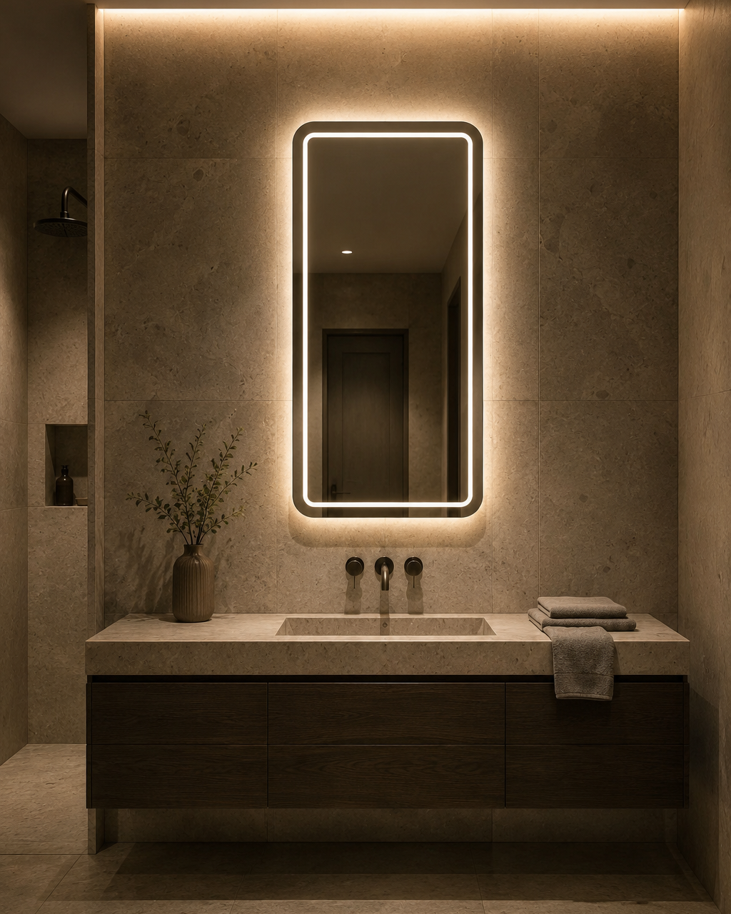 Claris VITA LED mirror, limestone bath, evening, Radiance Collection