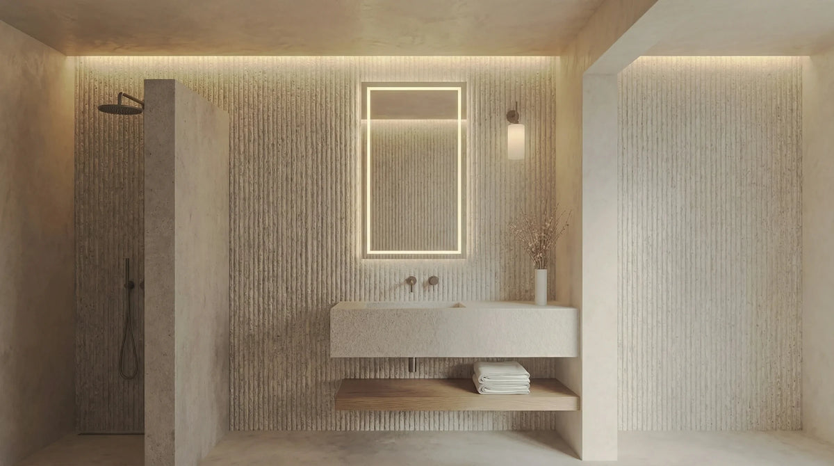 Claris VITA backlit mirror in a minimal bathroom, wide view