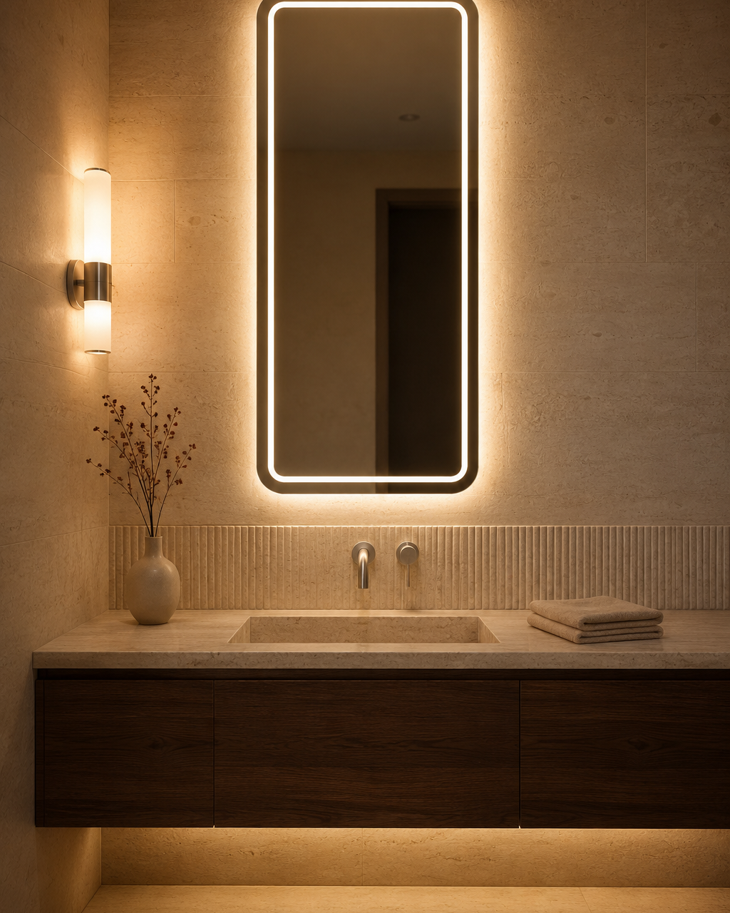 Claris VITA LED mirror, travertine bath, evening, Radiance Collection
