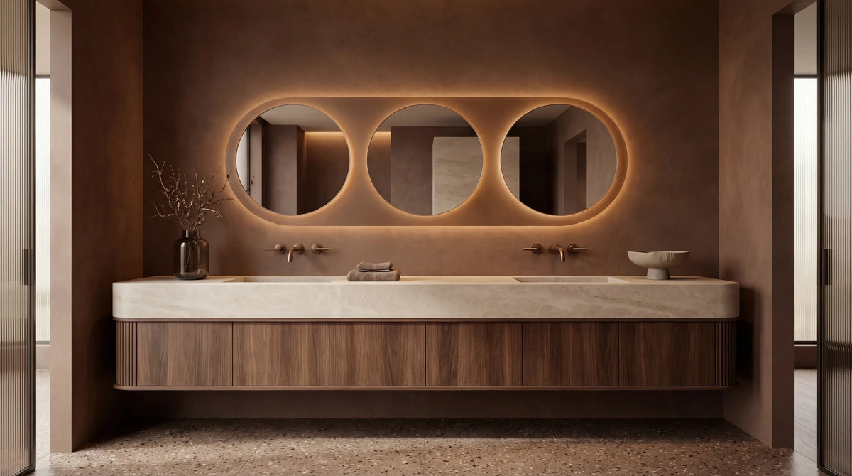 Claris VIVO mirror above a double vanity, view two, Gemini Collection, wide view