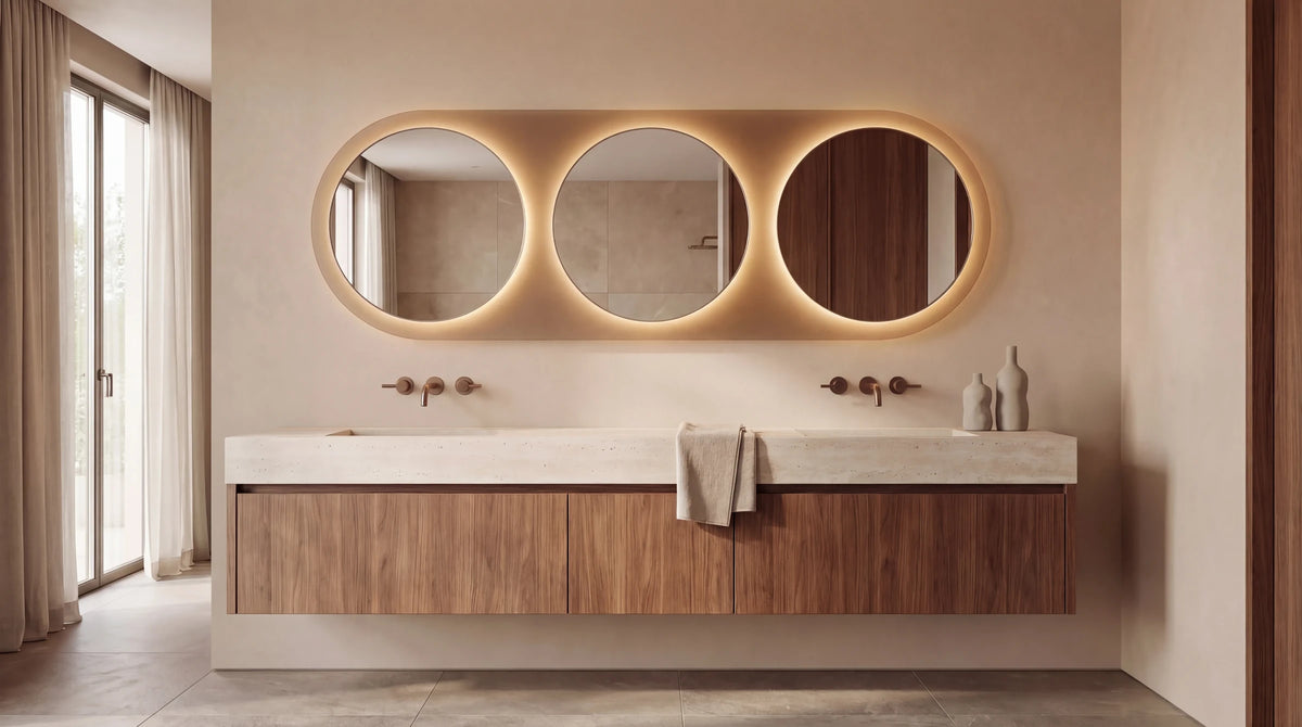 Claris VIVO mirror above a double vanity, Gemini Collection, wide view