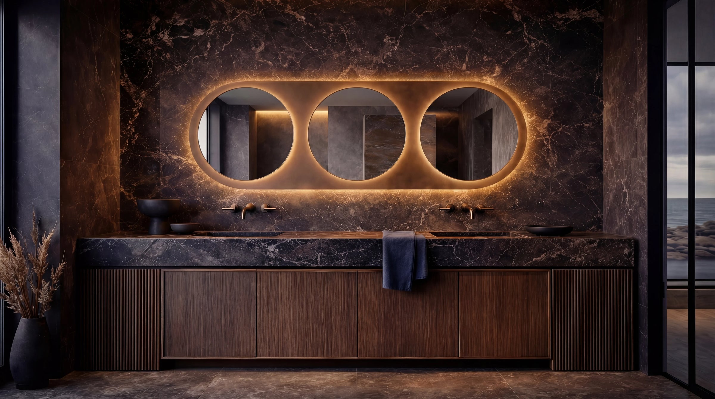 VIVO mirror in a bathroom, hero view, Gemini Collection. Claris Company.