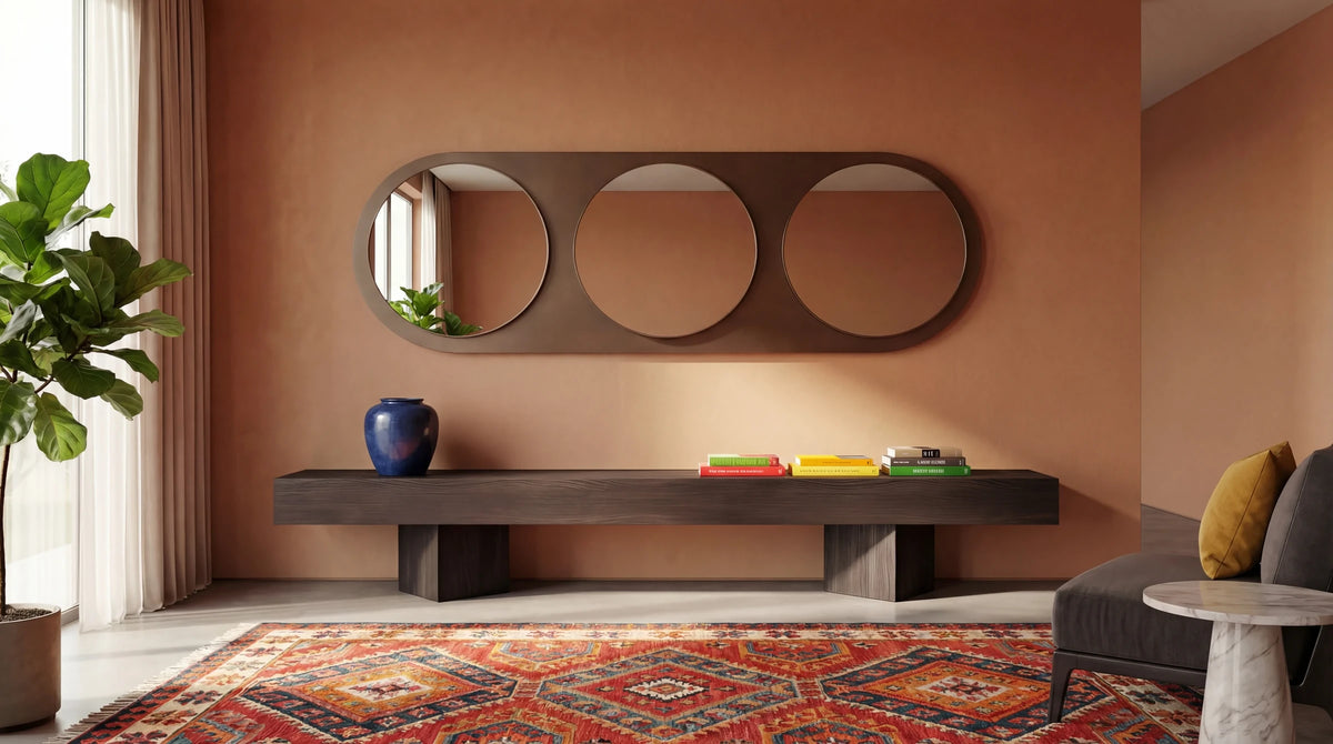 Claris VIVO mirror in a living room, Gemini Collection, wide view
